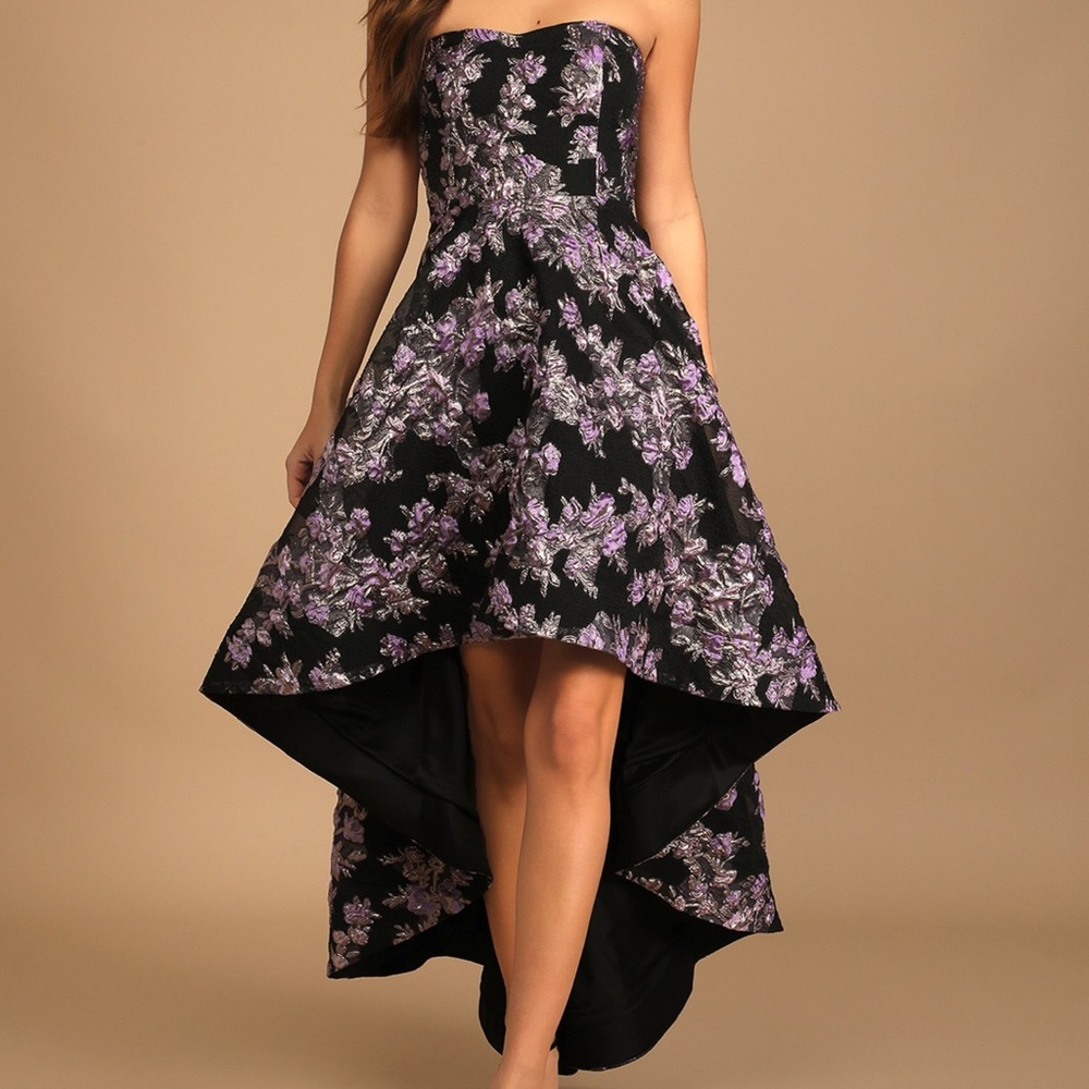 NWT Lulus All Romance Black Floral Jacquard Strapless High-Low Dress